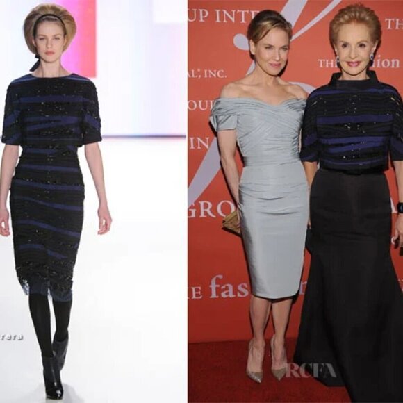 Carolina Herrera Grosgrain Beaded Sequin Navy/Black Cocktail Midi Dress Fall 12' - Picture 5 of 10